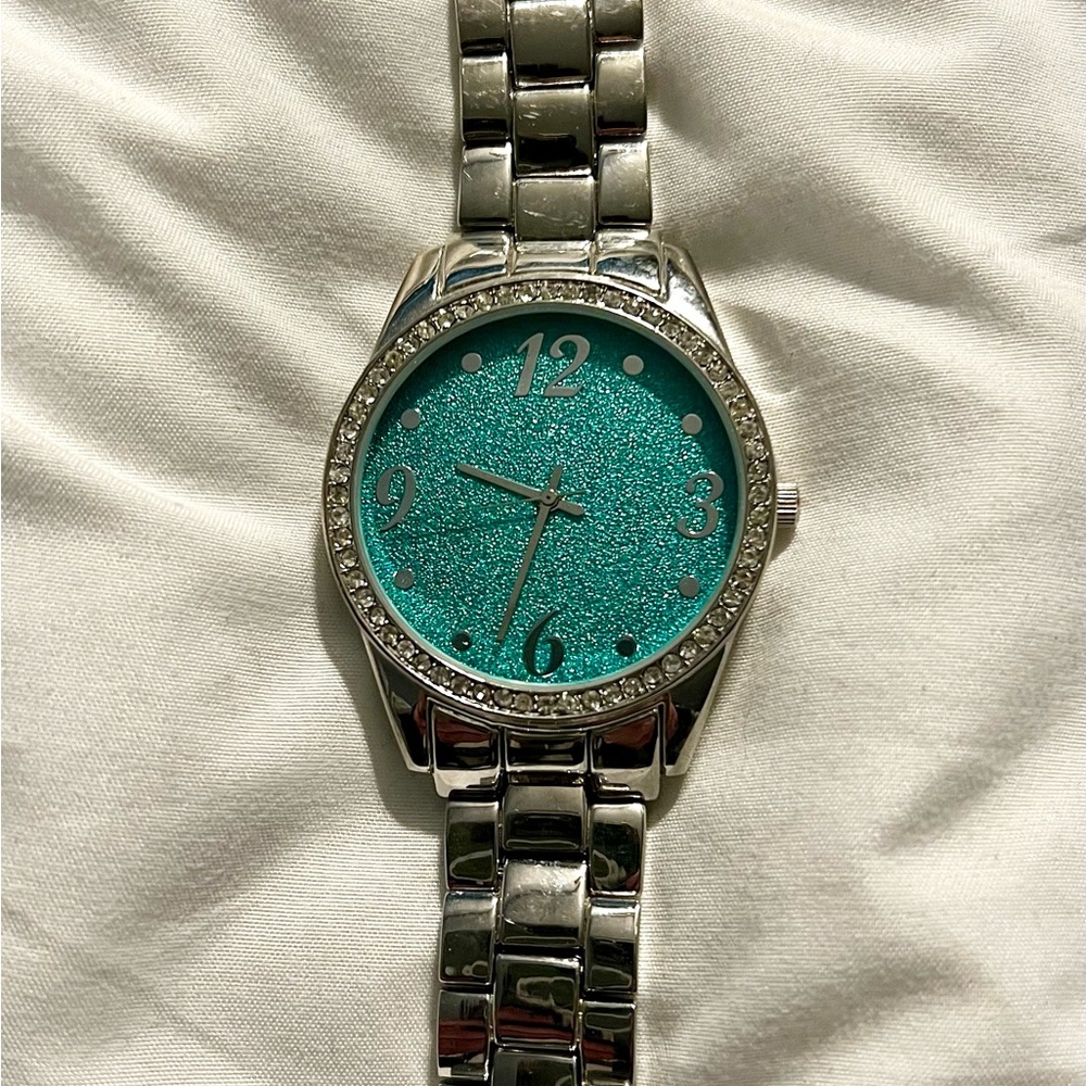 Silver Watch with Sparkling Teal Dial